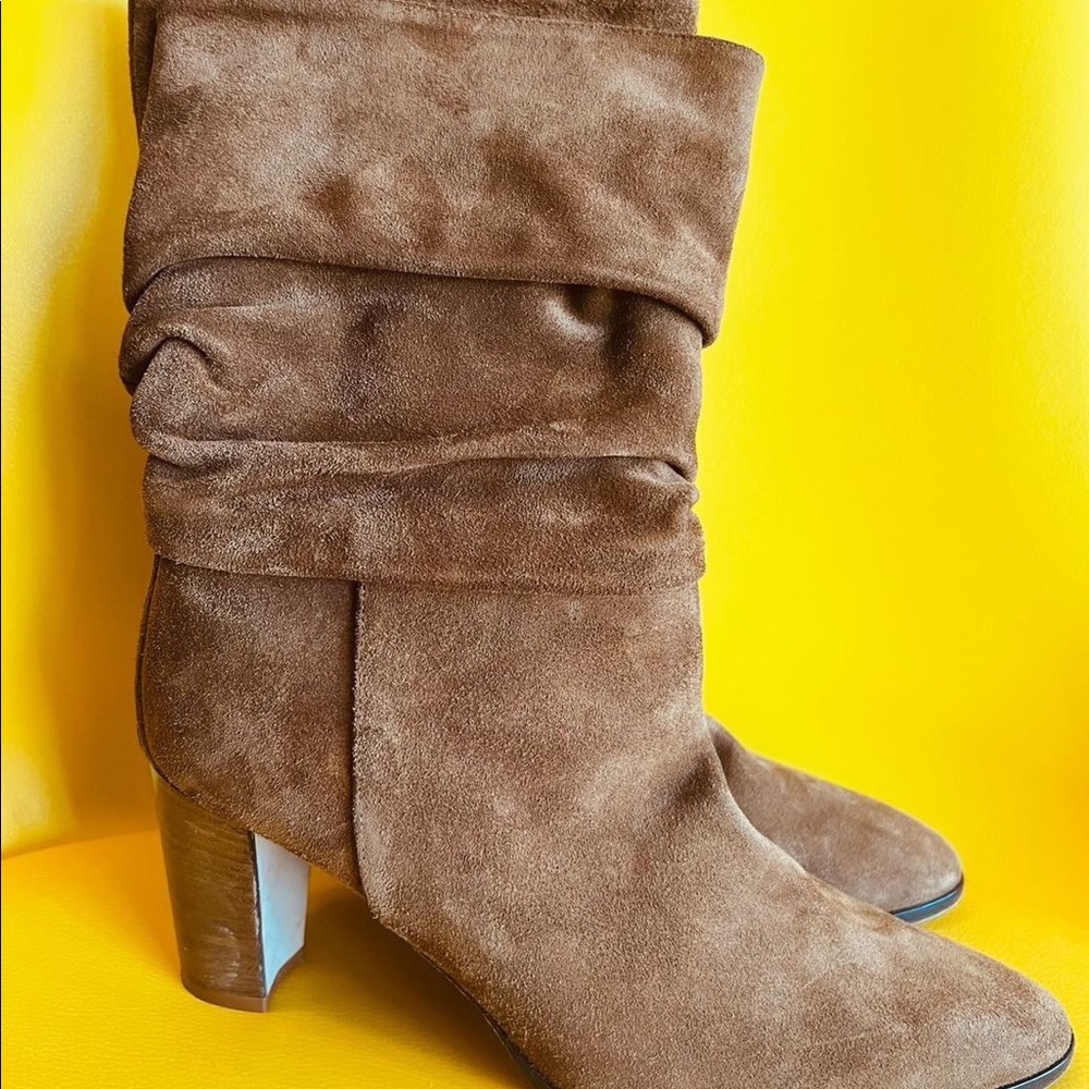 “Manolo Blahnik Ruched Mid-Calf Suede Boots”